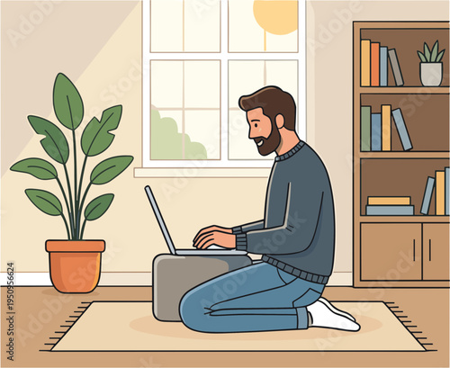 Man working on laptop at home on rug beside plant and bookshelf