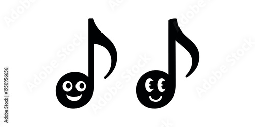 Black eighth note emojis with smiling faces musical note in white background.
