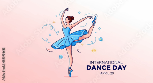 Ballerina dancing in blue dress celebrating international dance day on pink background with colorful swirls