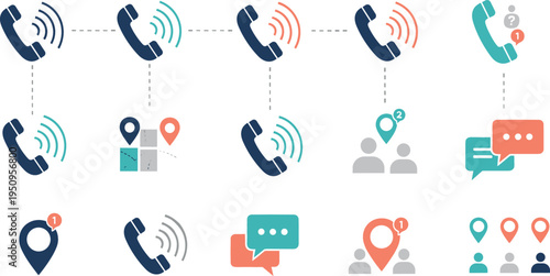 Phone Call and Communication Icon Set with Telephone Handsets, Location Pins, Chat Messages, and Contact Symbols for Mobile Apps and Customer Support Design