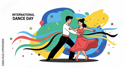 Couple dancing together celebrating international dance day with colorful abstract background