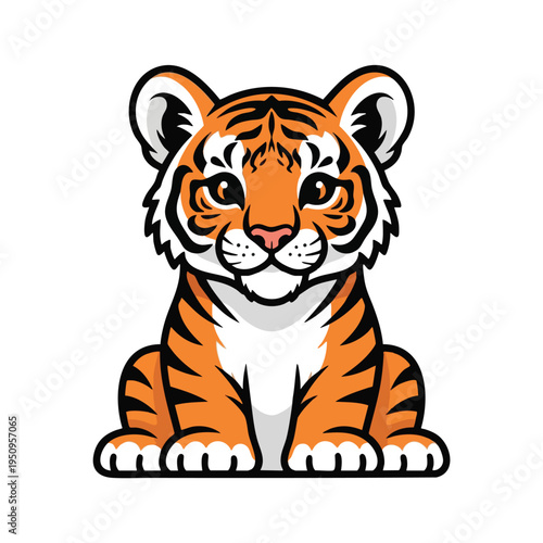 Adorable cartoon tiger cub sitting, facing forward, with bold black stripes