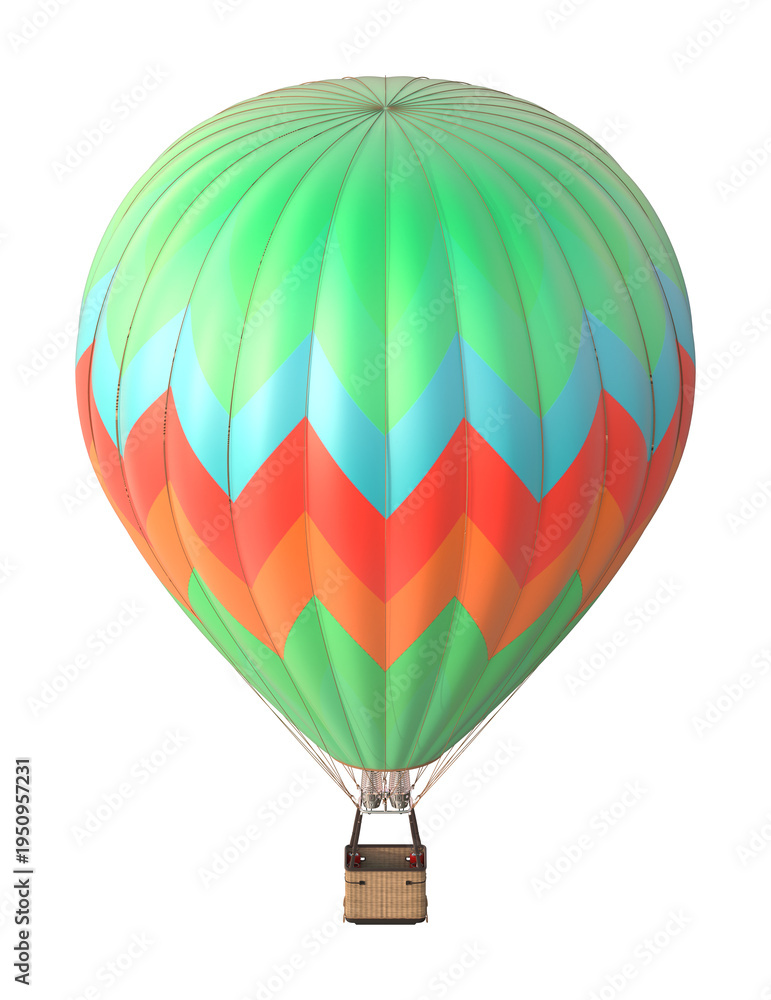 Naklejka premium Colorful Green Hot Air Balloon with Chevron Pattern on White Background 3D Render