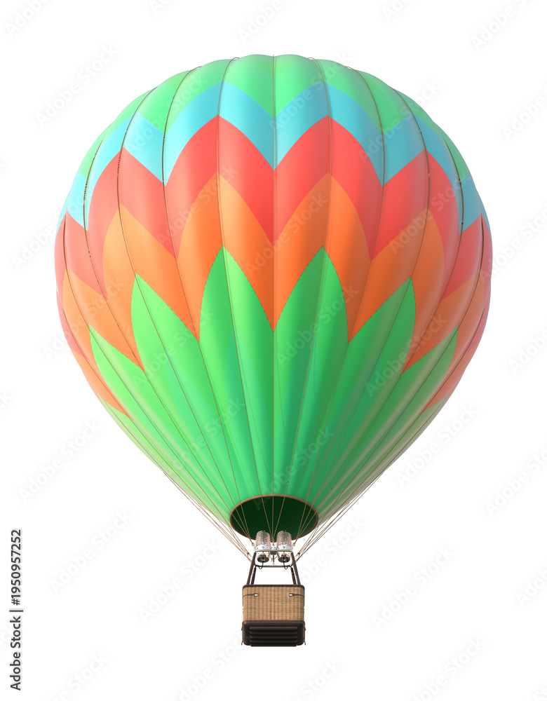 Fototapeta premium Colorful Green Hot Air Balloon with Chevron Pattern on White Background 3D Render