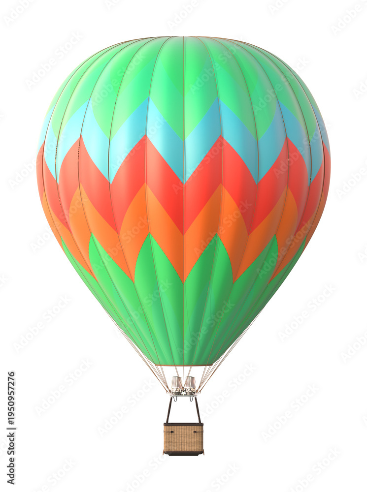 Fototapeta premium Colorful Green Hot Air Balloon with Chevron Pattern on White Background 3D Render
