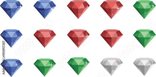 Colorful Diamond Gemstone Icon Set with Precious Crystal Jewels in Blue, Red, Green, and Silver for Luxury, Jewelry Design, and Treasure Graphics