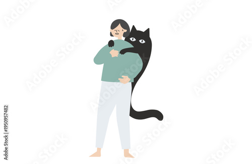背後から大きな黒猫にしがみつかれ困惑した表情を浮かべる女性のイラスト