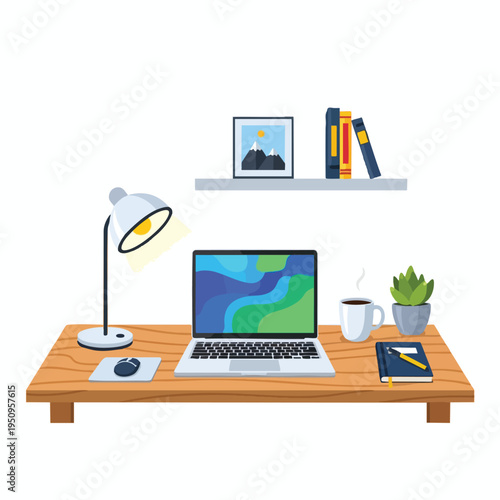 A clean, uncluttered desk with a laptop, lamp, coffee, plant, and books