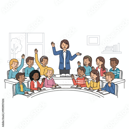 Teacher addresses students in classroom with hands raised in engagement