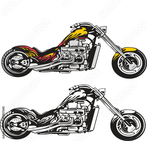 A detailed close-up shot of a motorcycle's mechanical components, focusing on the engine, exhaust pipes, and polished chrome finishes. The bike is parked on an asphalt road, highlighting the textures 