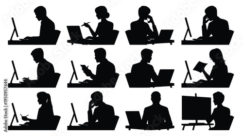 Silhouettes of people working on laptops and computers in office settings various professional tasks and activities