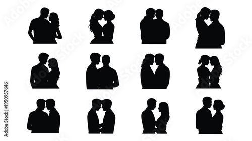 Silhouettes of romantic couples embracing and kissing in various poses on white background