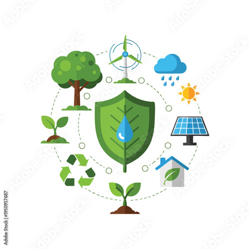 Shield protecting nature with renewable energy, plants, and a house