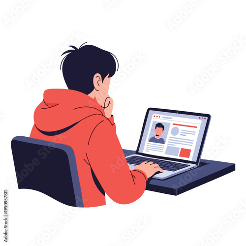 Person in red hoodie looking at laptop screen displaying profile