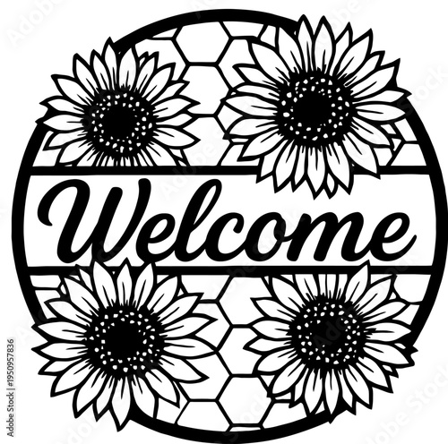 Welcome sign with sunflowers silhouette