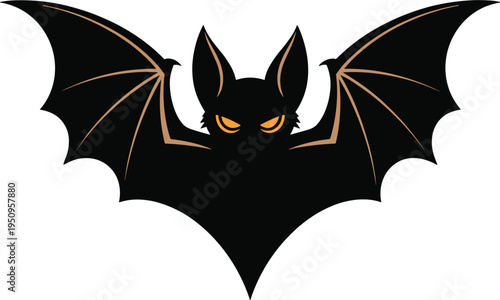 Stylized black bat silhouette with glowing eyes, spooky halloween emblem vector illustration isolated, gothic nocturnal animal logo design dark creepy