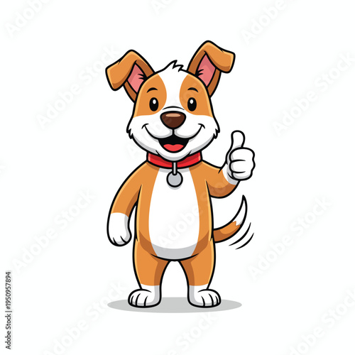 A cartoon dog with brown and white fur stands happily giving a thumbs up