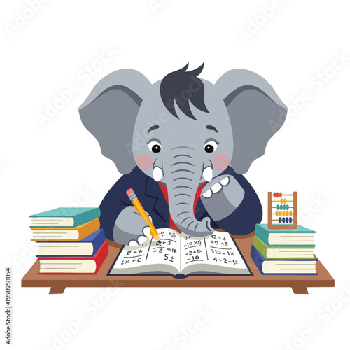 Adorable elephant student wearing a suit, diligently studying math at a wooden desk