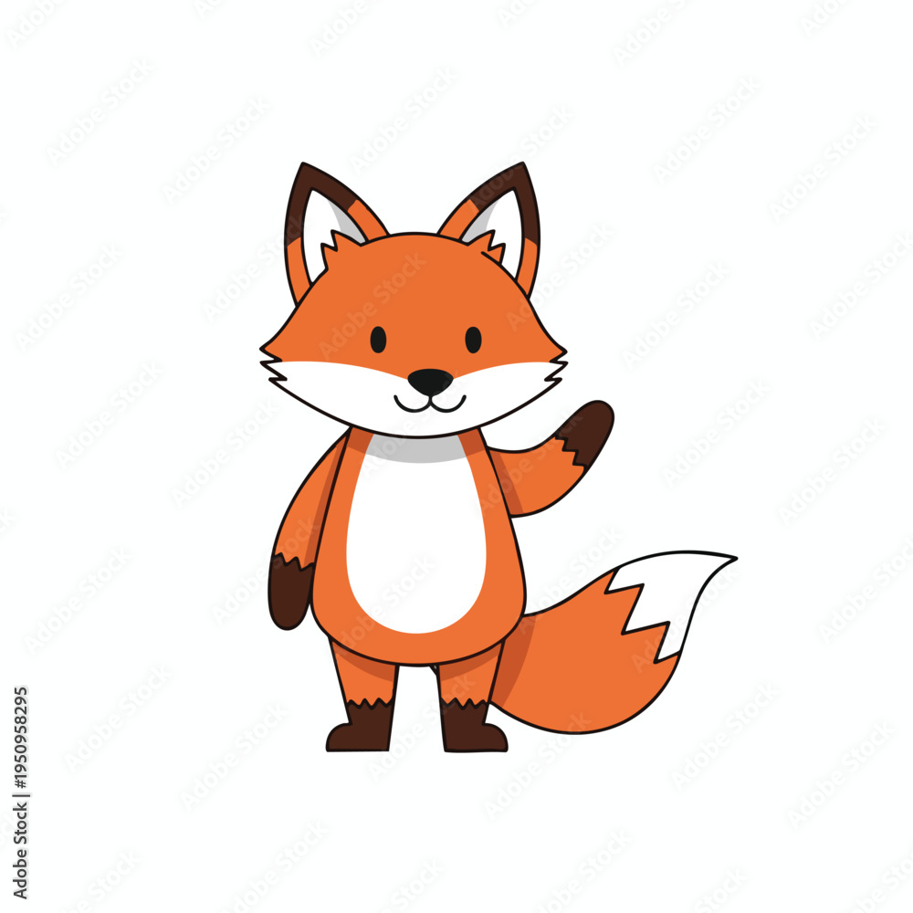 Obraz premium Cute cartoon fox standing and waving with a fluffy tail