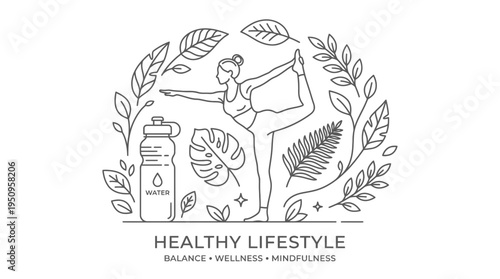 Healthy Lifestyle Concept Featuring a Woman Doing Yoga Surrounded by Leaves and a Water Bottle