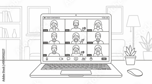 Online meeting held via video call with multiple people communicating remotely
