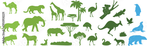 Seamless pattern of grass and flowers with blue sky featuring animal silhouettes in nature illustration