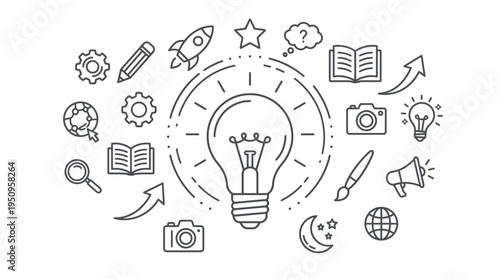 Light bulb with surrounding icons representing creativity, innovation, and learning ideas