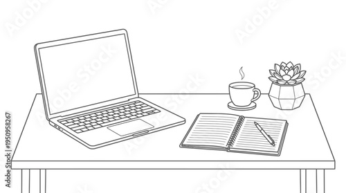 Minimalist desk setup with laptop, notebook, pen, coffee cup, and plant