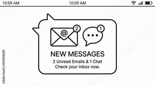 Digital communication alert with email and chat notifications displayed on a mobile interface graphic
