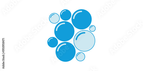 Blue bubbles of various sizes on white background shiny reflective rounded shapes