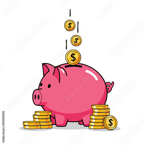 Pink piggy bank collecting falling dollar coins with stacks of gold coins