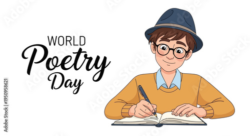 Illustration of a young man writing in a notebook on World Poetry Day with a thoughtful expression.