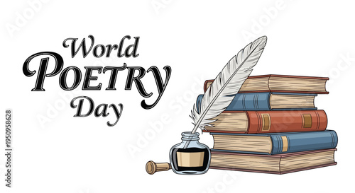 Vector illustration of a quill pen, inkwell, and stacked books celebrating World Poetry Day with colorful design elements on a white background.