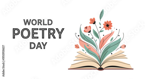 Illustration of an open book with flowers and leaves, celebrating World Poetry Day with a design concept for poetry writing and illustration.