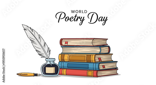 Illustration of a stack of books with an inkwell and feather quill celebrating World Poetry Day in a colorful, graphic design.