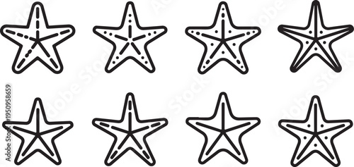 Eight hand-drawn starfish with varying internal patterns and shading Vector