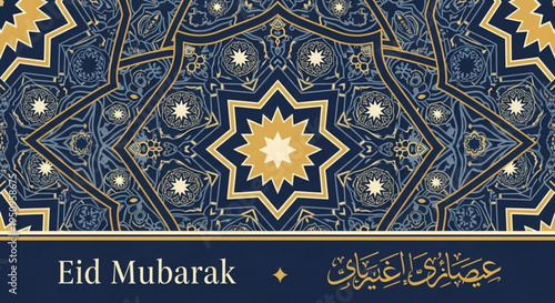 Eid mubarak islamic geometric pattern with arabic calligraphy and gold accents on blue background for ramadan and eid al fitr celebrations