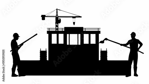 Black silhouette construction site scene with workers and crane vector