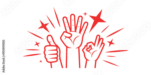 Red hand gestures with stars and lines on white background thumbs up okay sign five