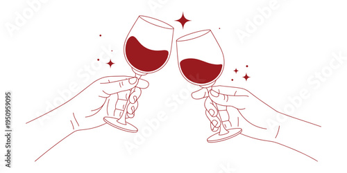 Red wine glasses clinking hands celebration in white background.