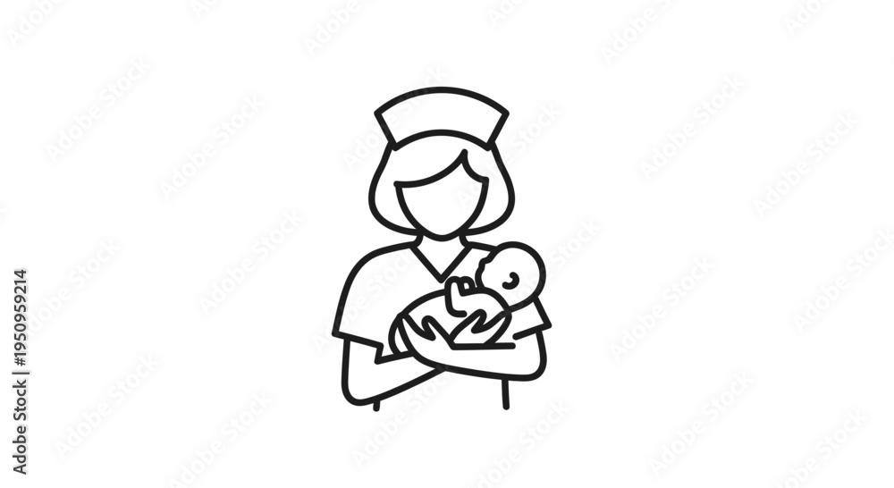 Obraz premium Nurse holding a newborn baby icon, medical care and maternity symbol
