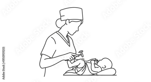 Nurse examining newborn baby with reflex hammer on changing table, line art illustration