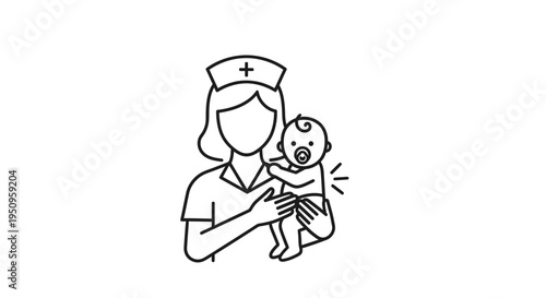 Nurse holding a baby, medical care, healthcare, maternity, newborn, professional, illustration