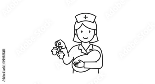 Nurse holding a newborn baby and tiny mittens, medical care, new life, maternity
