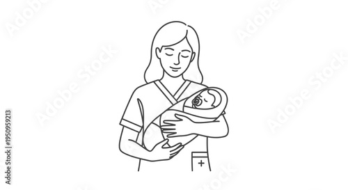 Nurse holding a newborn baby in her arms, gentle care, medical professionalism