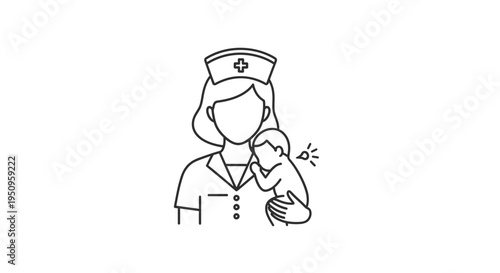 Nurse holding a newborn baby, medical symbol on cap, line art illustration