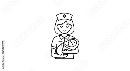 Nurse Holding Newborn Baby Icon, Medical Care, Maternity, Healthcare Symbol