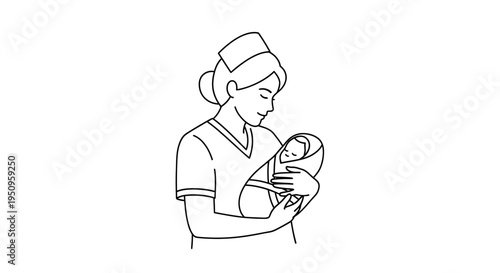 Nurse holding newborn baby in arms, tender moment, care and love, line art illustration