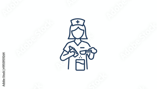 Nurse Icon Measuring Liquid Medicine in Spoon for Dosage, Healthcare Concept
