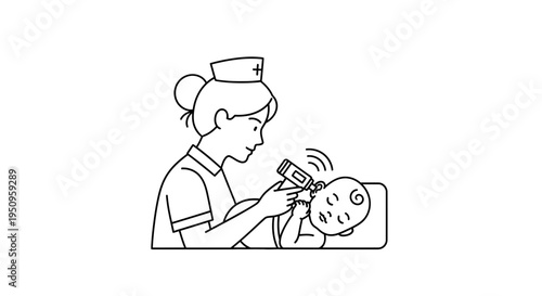 Nurse measures infant temperature with digital thermometer, healthcare concept
